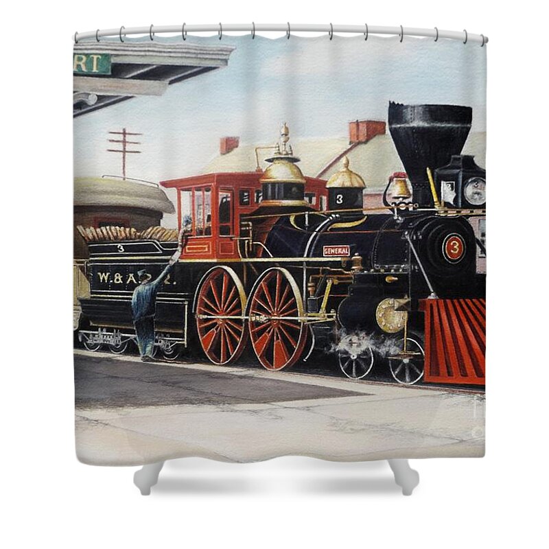 Train Shower Curtain featuring the drawing The General by David Neace