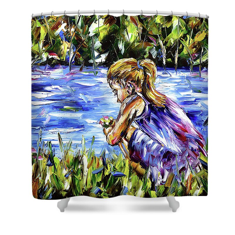 Little Girl Shower Curtain featuring the painting The Girl By The River by Mirek Kuzniar