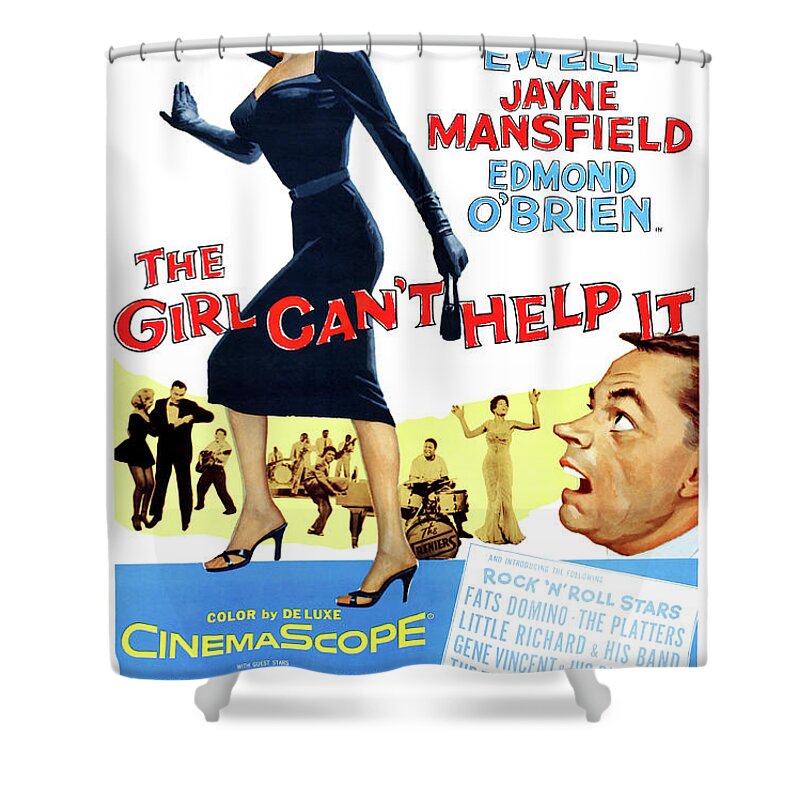 Tom Shower Curtain featuring the mixed media ''The Girl Can't Help It'', with Tom Ewell and Jayne Mansfield, 1956 by Stars on Art