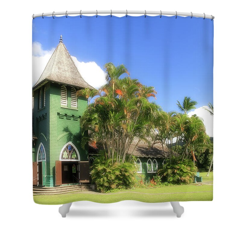 Palm Tree Shower Curtain featuring the photograph The Green Waioli Hula Church by Robert Carter