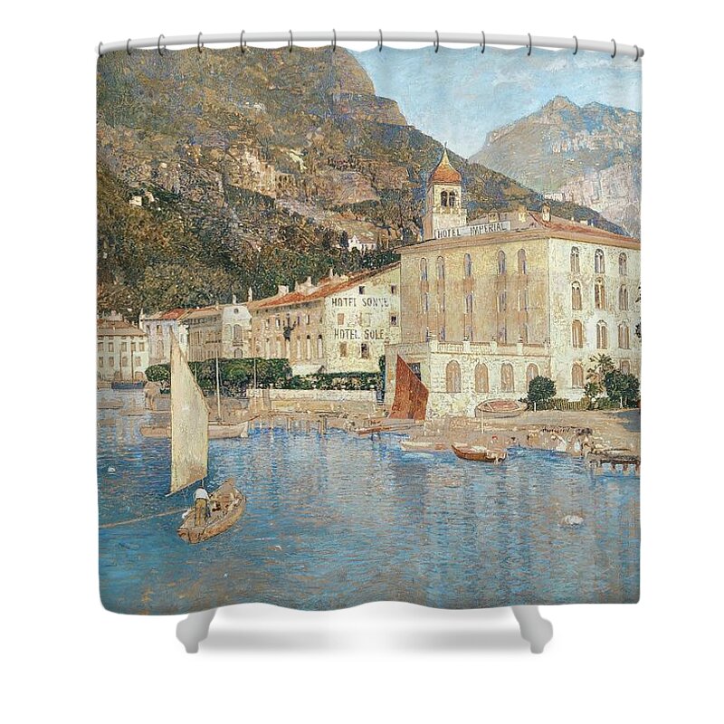 Vintage Shower Curtain featuring the painting The Harbour of Riva on Lake Garda, c. 1912 by MotionAge Designs