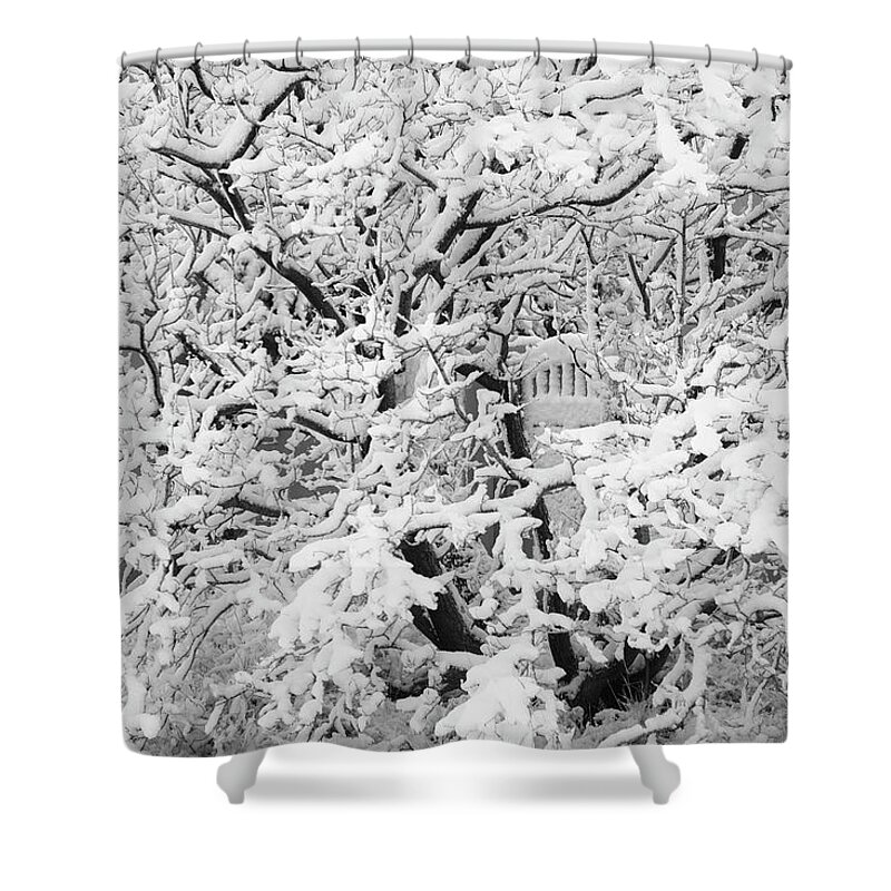 Black And White Shower Curtain featuring the photograph The Hidden Gate by Mary Lee Dereske