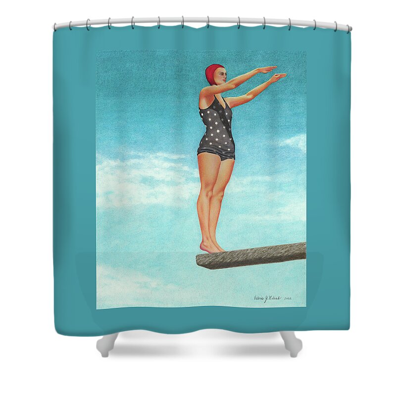 High Dive; Diving Board; Vintage Bathing Beauties; Red Swim Cap; Diving Competitions; Vintage Bathing Suits; Swimming; Polka Dot Swim Suit Shower Curtain featuring the painting The High Dive by Valerie Evans