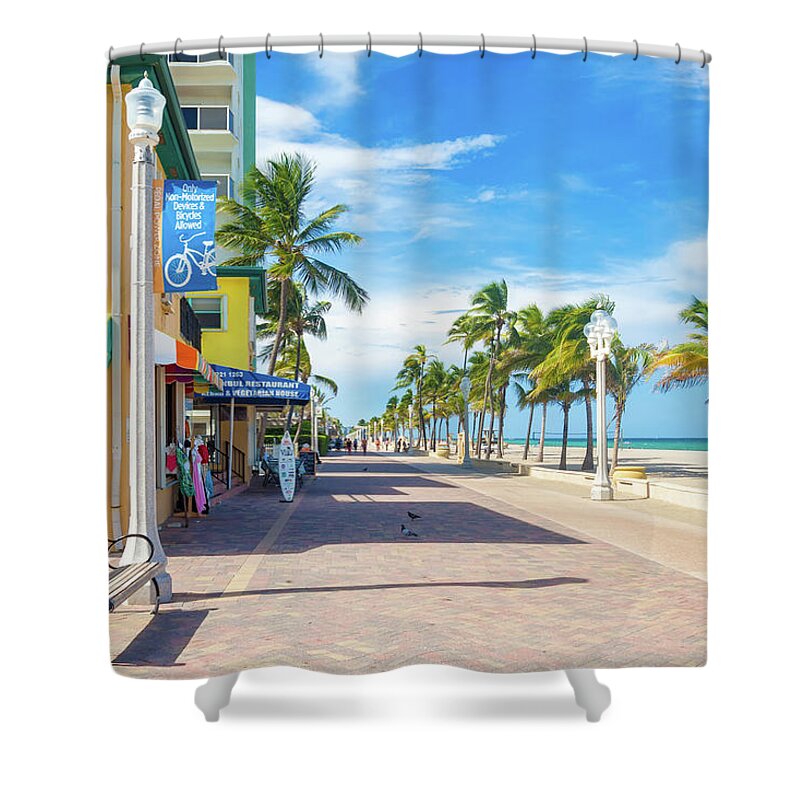 Hollywood Shower Curtain featuring the photograph The Hollywood beach boardwalk by Karel Miragaya