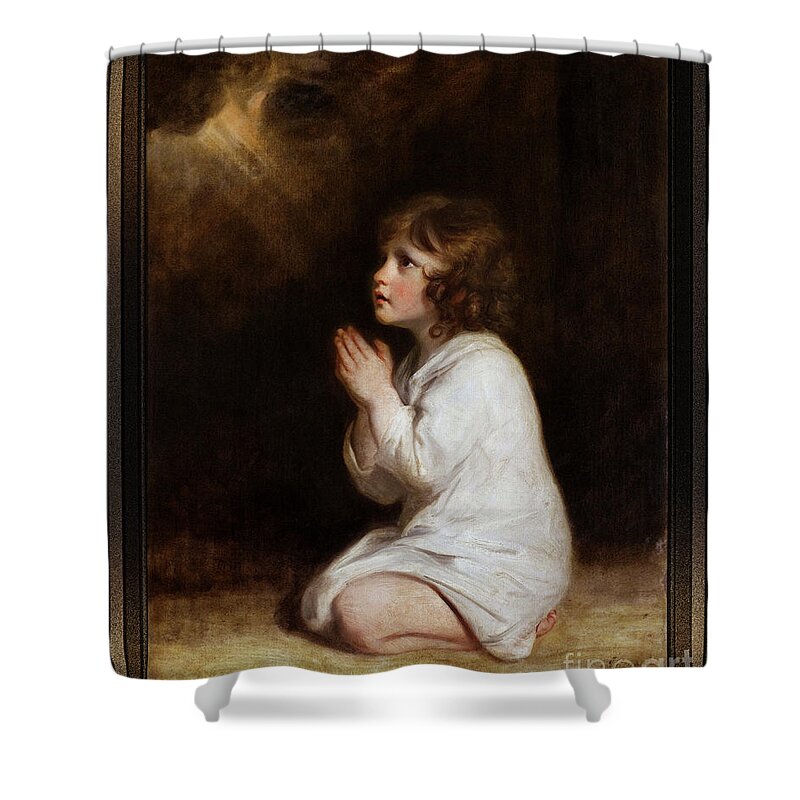 The Infant Samuel Shower Curtain featuring the painting The Infant Samuel by Joshua Reynolds by Rolando Burbon