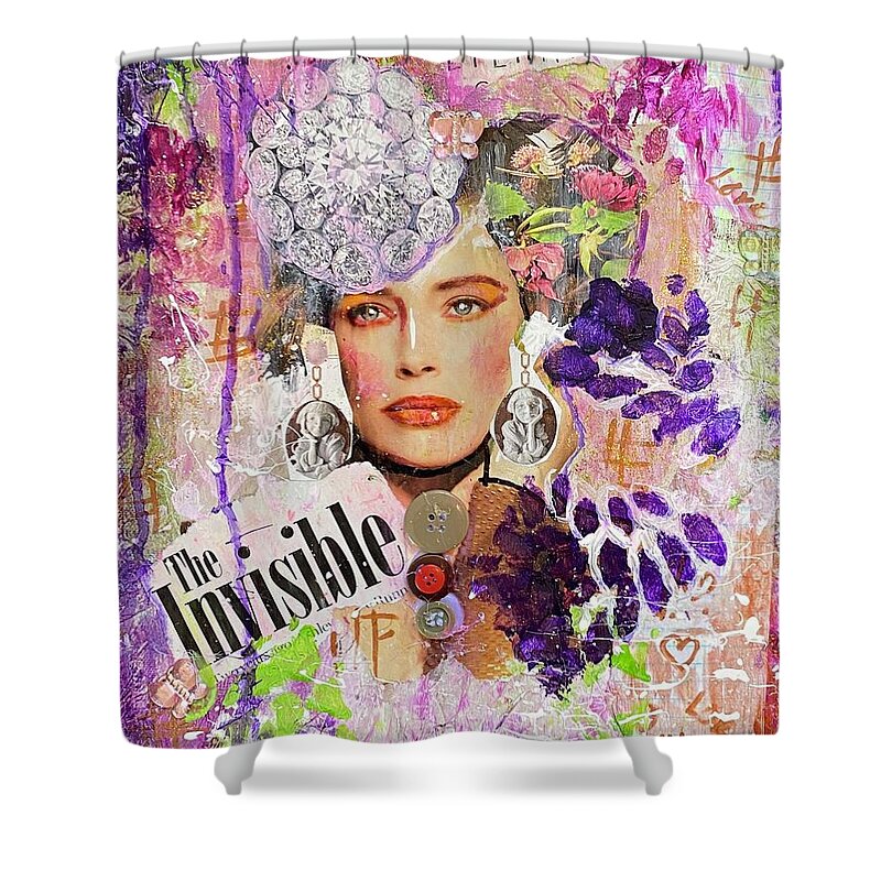 Collage Art Fine Art Woman Love Peace Pretty Purple Pink Rose Shower Curtain featuring the painting The Invisible Eternity by Shemika Bussey