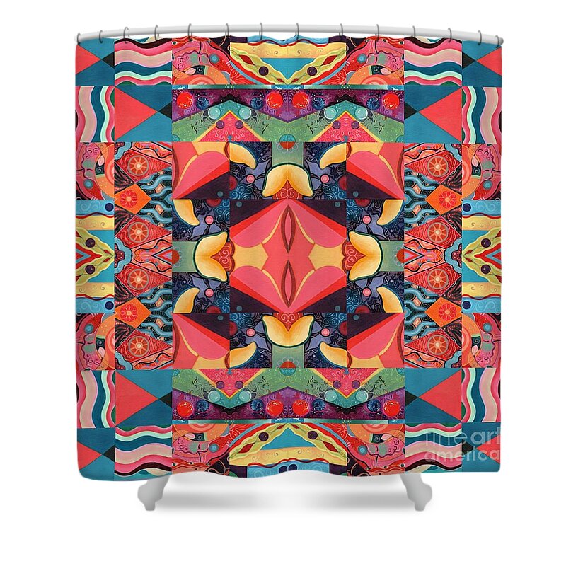 The Joy Of Design Mandala Series Puzzle 8 Arrangement 3 By Helena Tiainen Shower Curtain featuring the mixed media The Joy of Design Mandala Series Puzzle 8 Arrangement 3 by Helena Tiainen