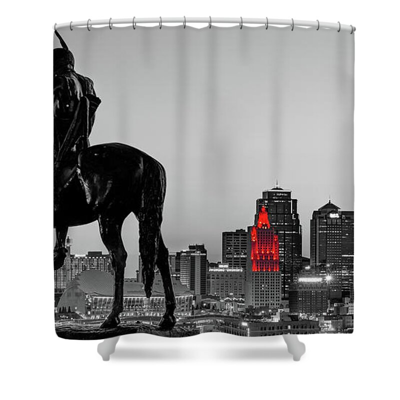 Kansas City Scout Shower Curtain featuring the photograph The Kansas City Scout Overlooking The Downtown Cityscape - Selective Color Panorama by Gregory Ballos