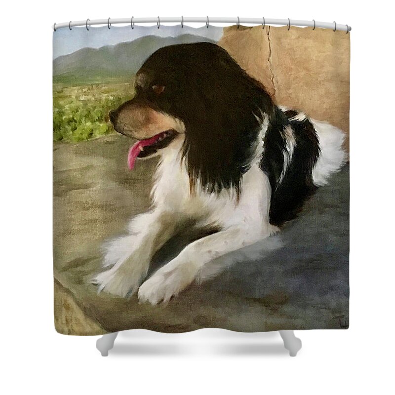 Cavalier King Charles Spaniel Shower Curtain featuring the painting The King on the Mountain by Tracy Hutchinson