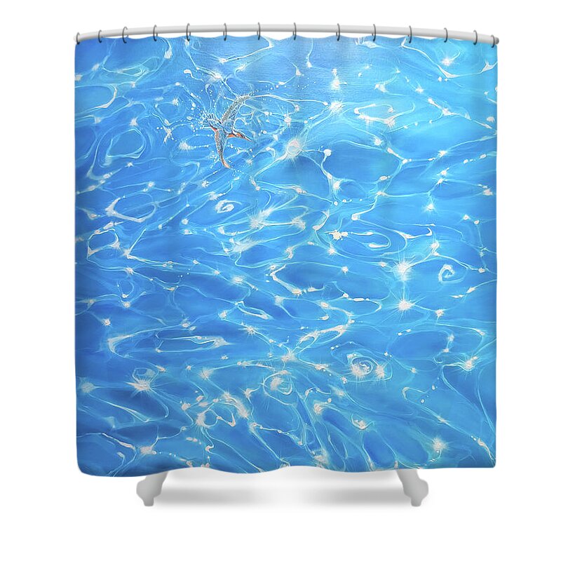Kingfisher Shower Curtain featuring the painting The Kingfishers Larder by Gill Bustamante