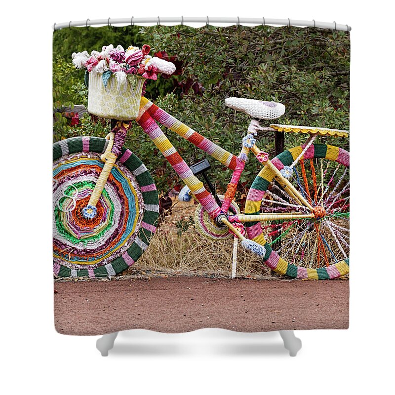 Knitting Shower Curtain featuring the photograph The Knitted Bike by Elaine Teague