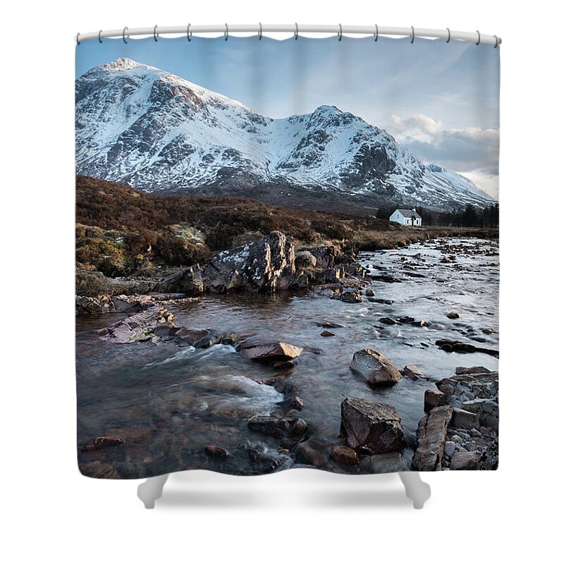 Scottish Highlands Shower Curtain featuring the photograph The Langangarbh Hut, Glencoe, Scotland by Sarah Howard