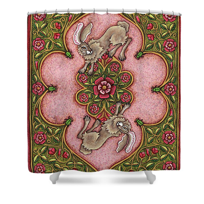 Hare Shower Curtain featuring the painting The Legend of Hare Terra. Illuminated Book Cover. Rose by Amy E Fraser