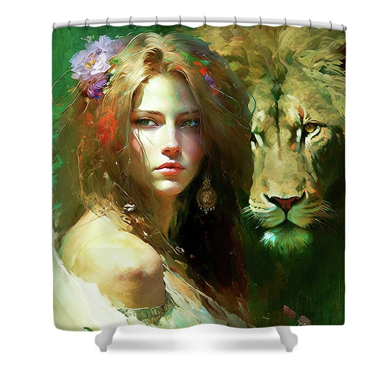 Female Shower Curtain featuring the painting The Lion Whisperer by Tina LeCour