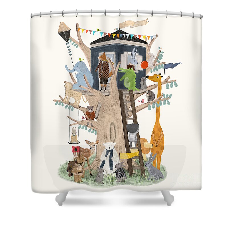 Nursery Art Shower Curtain featuring the painting The Little Playhouse by Bri Buckley