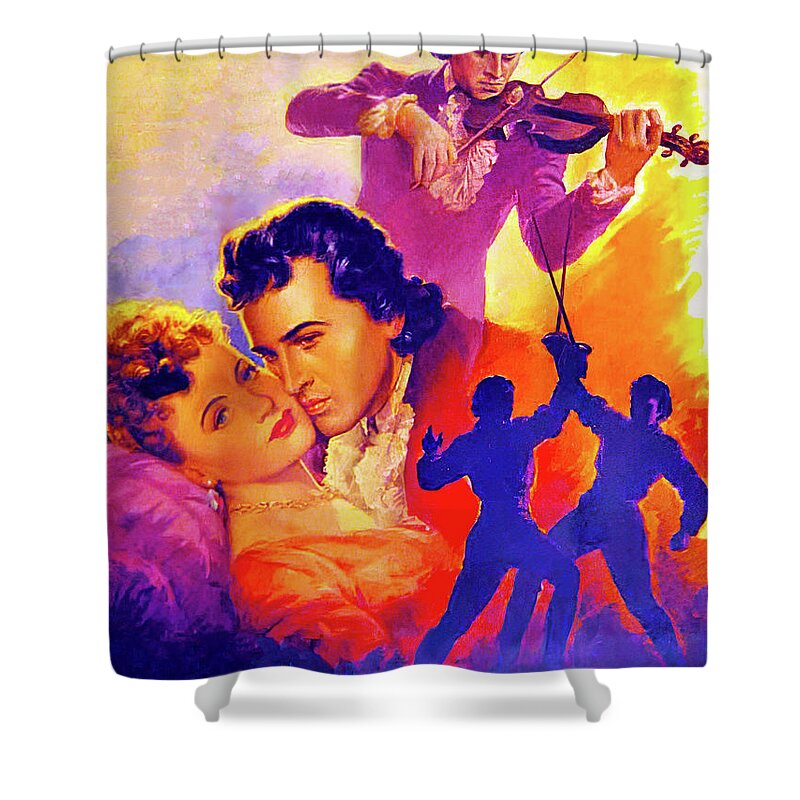 Magic Shower Curtain featuring the painting ''The Magic Bow'', 1946,movie poster painting by Anselmo Ballester by Stars on Art