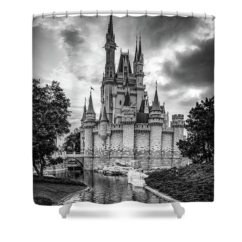 Princess Castle Shower Curtain featuring the photograph The Magic Kingdom Castle in Black and White - Orlando Florida by Gregory Ballos