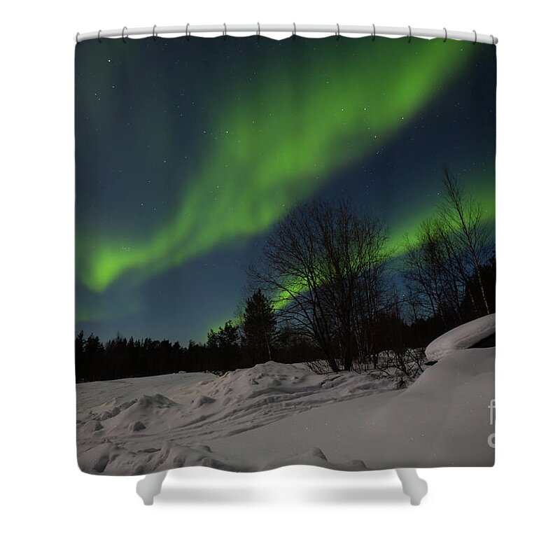 Snow Shower Curtain featuring the photograph The Magic of the Northern Lights by Eva Lechner