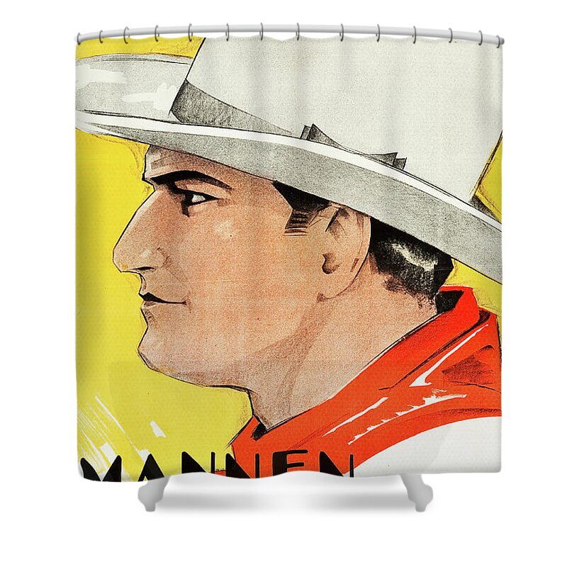 Rohman Shower Curtain featuring the mixed media ''The Man From Texas'', 1915 - art by Eric Rohman by Movie World Posters