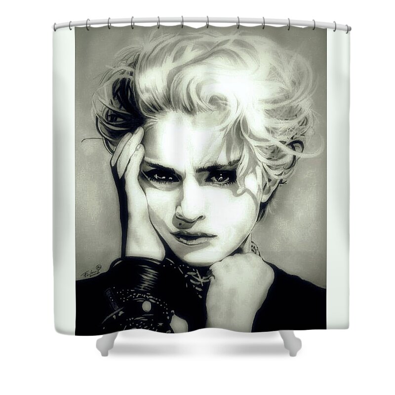 Madonna Shower Curtain featuring the drawing The Material Girl - Madonna - Original Edition by Fred Larucci