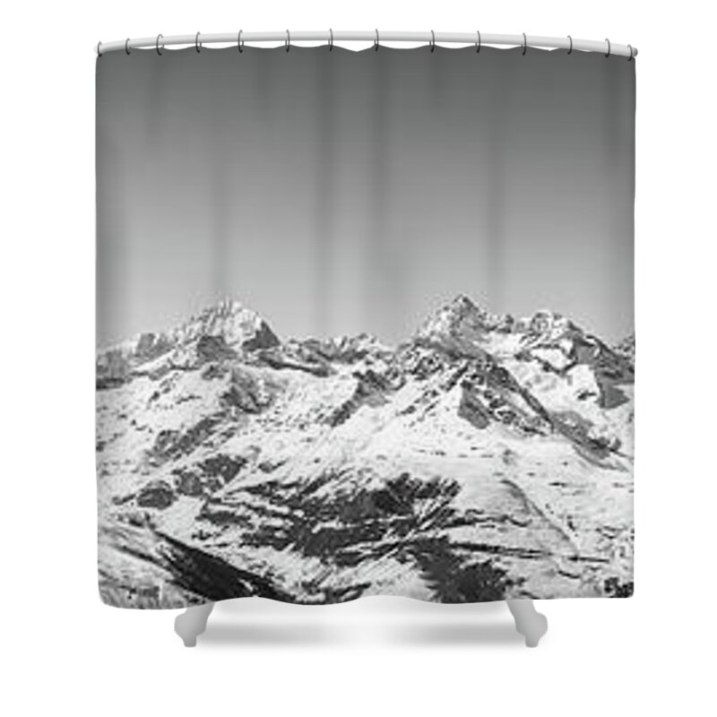 Alpine Shower Curtain featuring the photograph The Matterhorn and Swiss Mountains Panorama BW by Rick Deacon