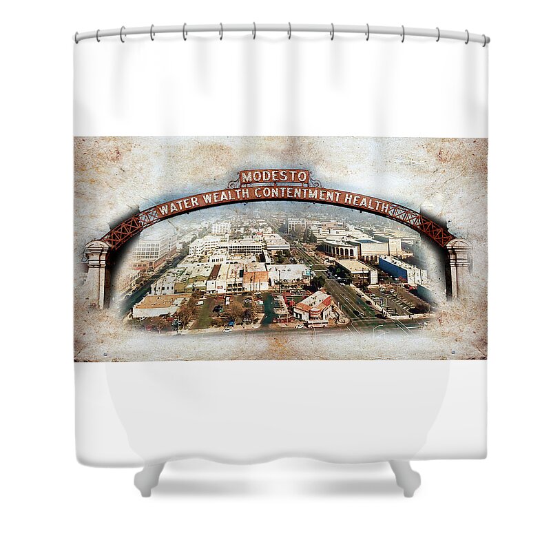 Modesto Shower Curtain featuring the digital art The Modesto Arch and a panorama of downtown Modesto, on old paper by Nicko Prints