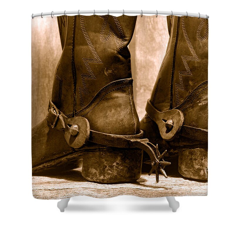 Cowboy Shower Curtain featuring the photograph The Muddy Boots - Sepia by Olivier Le Queinec