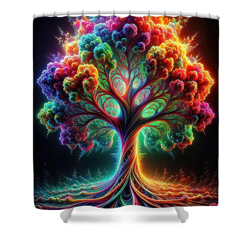 Vibrant Tree Shower Curtain featuring the digital art The Neon Grove by Bill and Linda Tiepelman