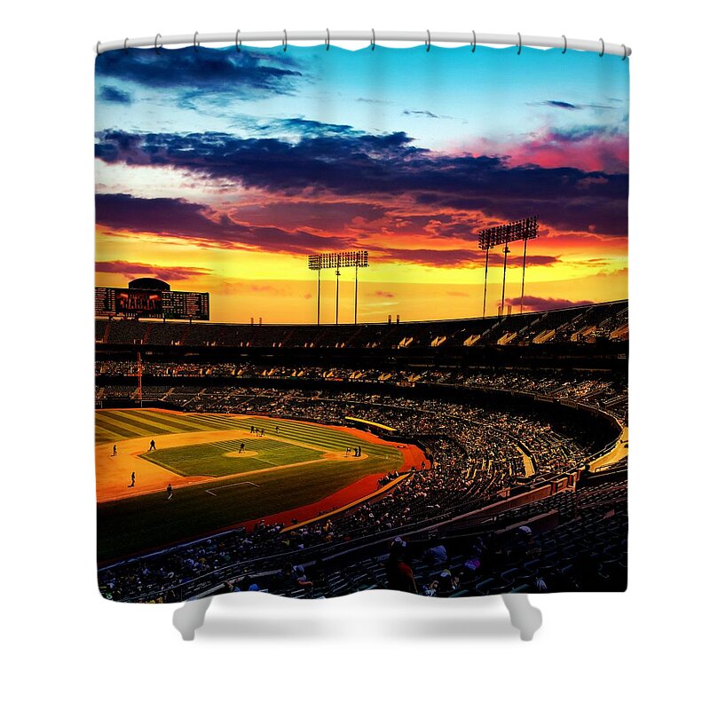 Oakland Shower Curtain featuring the digital art The Oakland-Alameda County Coliseum in sunset light by Nicko Prints