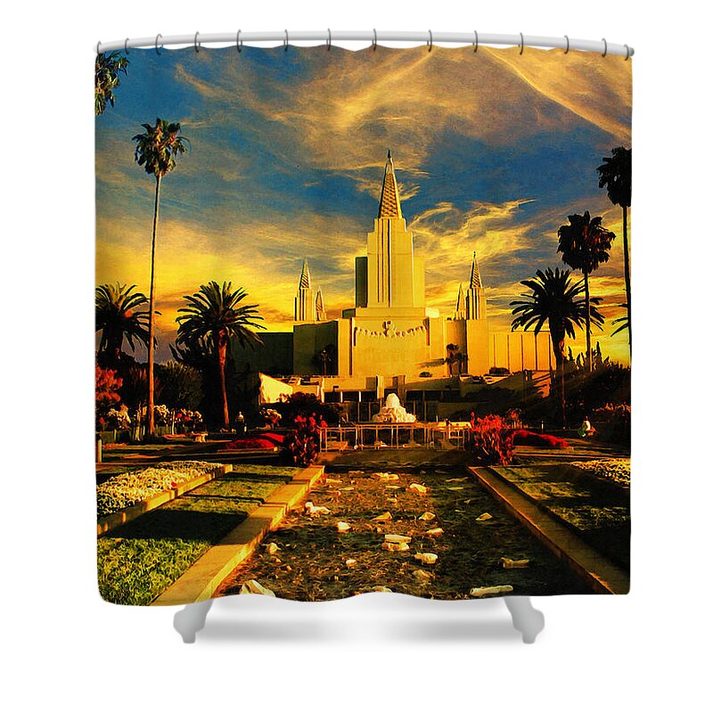 Oakland California Temple Shower Curtain featuring the digital art The Oakland California Temple in sunset light by Nicko Prints