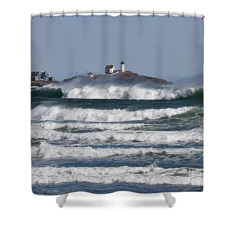 Cape Neddick Shower Curtain featuring the photograph The Ocean Storm at the Nubble by Steve Brown