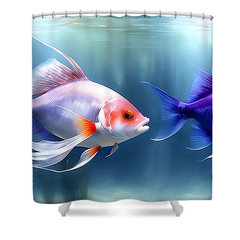 Underwater Shower Curtain featuring the mixed media The Ocean's Marvels - Two Graceful Fish in a Breathtaking Art by Artvizual Premium