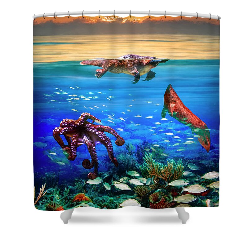 Clouds Shower Curtain featuring the digital art The Octopus, the Platypus, and the Lungfish by Debra and Dave Vanderlaan