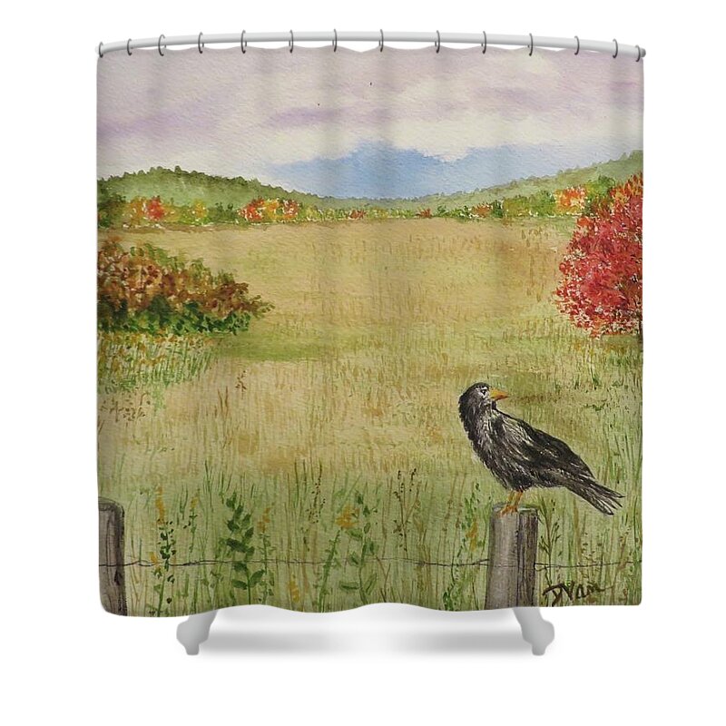 Black Crow Shower Curtain featuring the painting The Old Crow by Denise Van Deroef