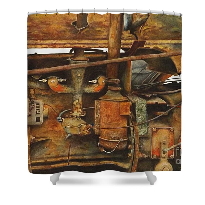 Rust Shower Curtain featuring the drawing The Old Iron Mule by David Neace