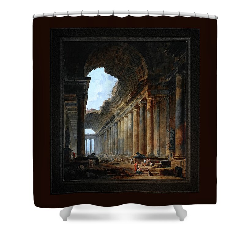 The Old Temple Shower Curtain featuring the painting The Old Temple by Hubert Robert Old Masters Fine Art Reproduction by Rolando Burbon