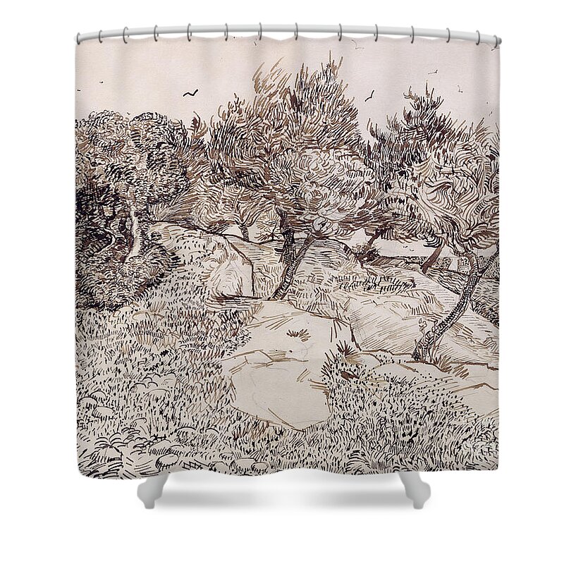 The Olive Trees Shower Curtain featuring the drawing The Olive Trees, pen and ink by Van Gogh by Vincent Van Gogh
