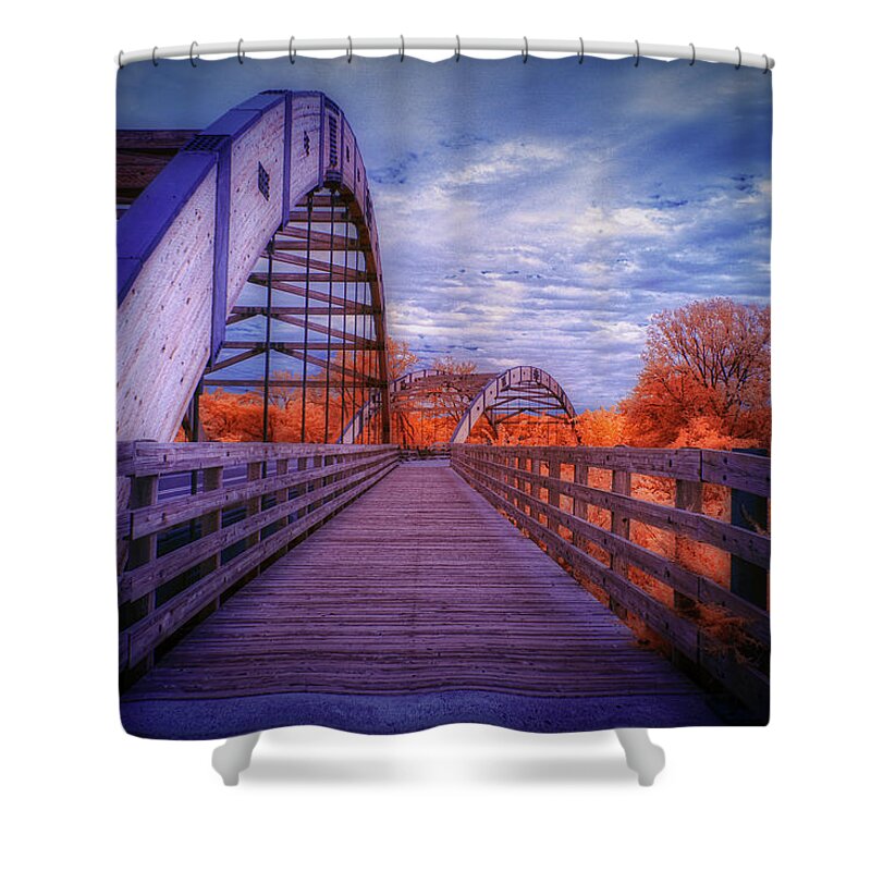 Infrared Photography Shower Curtain featuring the photograph The Overpeck Bridge by Penny Polakoff