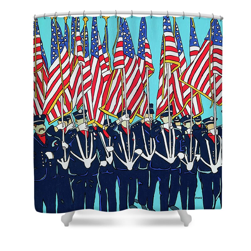 Usa Firemen Memorialday Flag America Americanflag Flags Parade Memorialdayparade Shower Curtain featuring the painting The Parade by Mike Stanko