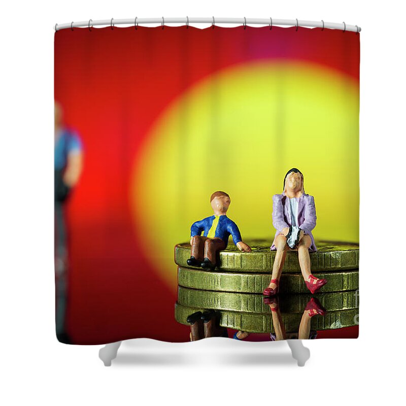 Contract Shower Curtain featuring the photograph The parent is handcuffed to the child. The concept of parental debt. Alimony payment. Custody, care and maintenance of minor children. Responsibilities in the family. Family code. Property management Macro by Pablo Avanzini