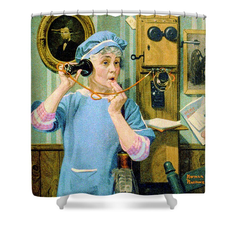 Old Woman Shower Curtain featuring the painting The Party Wire by Norman Rockwell