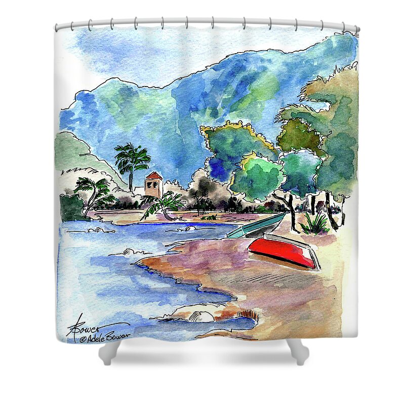Boats Shower Curtain featuring the painting The Peloponnese by Adele Bower