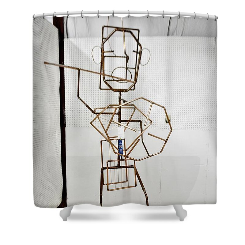 Copper Shower Curtain featuring the sculpture The Pen is Mightier than the Sword by Addison Likins