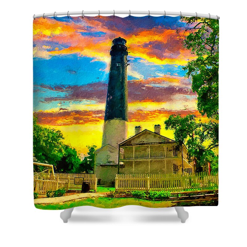 Pensacola Lighthouse Shower Curtain featuring the digital art The Pensacola lighthouse and maratime museum at sunset - digital painting by Nicko Prints