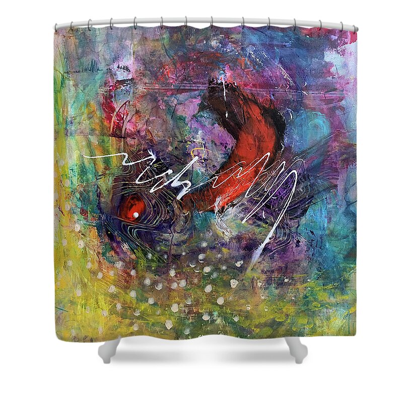 Abstract Art Shower Curtain featuring the painting The Places They Find Us by Rodney Frederickson