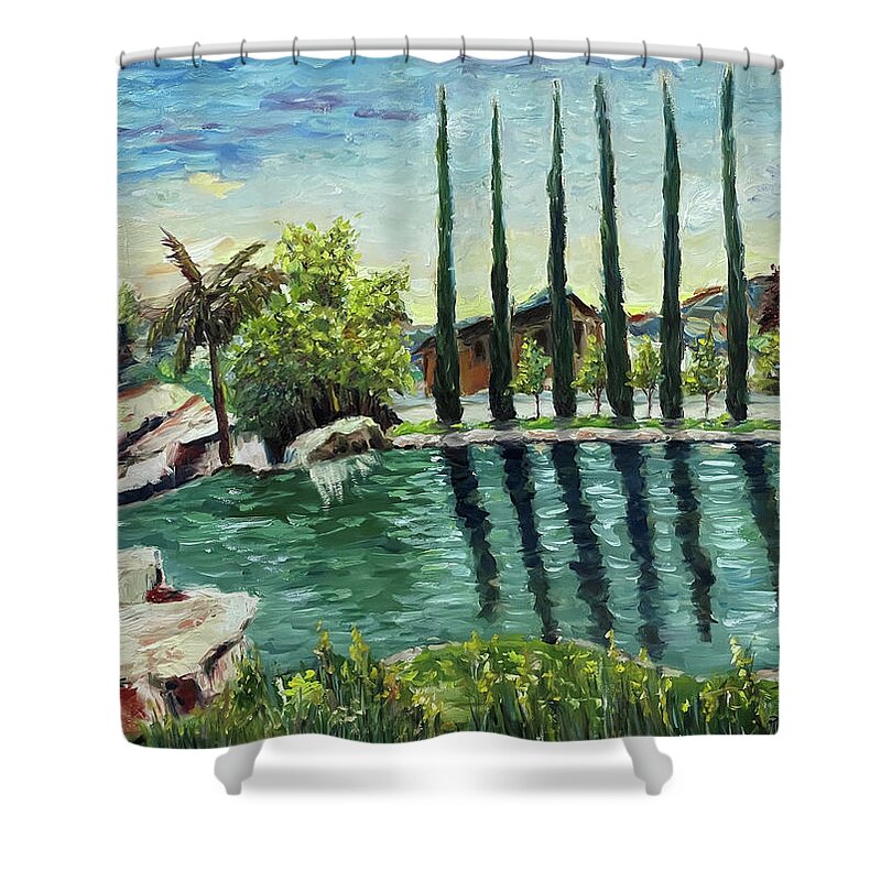 Gershon Bachus Vintners Shower Curtain featuring the painting The Pond at Gershon Bachus Vintners Temecula by Roxy Rich