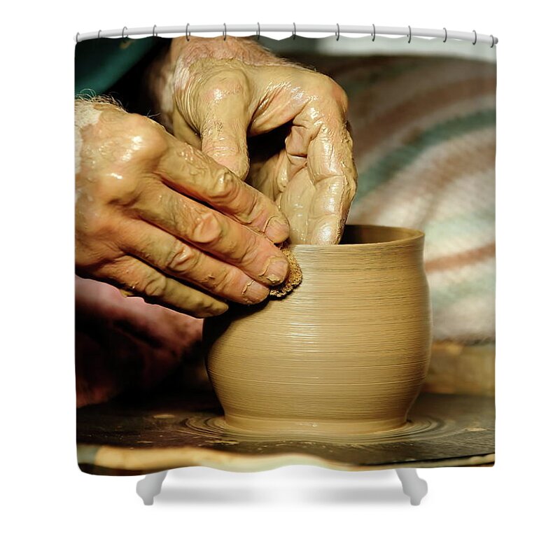Ceramic Shower Curtain featuring the photograph The Potter's Hands by Lens Art Photography By Larry Trager