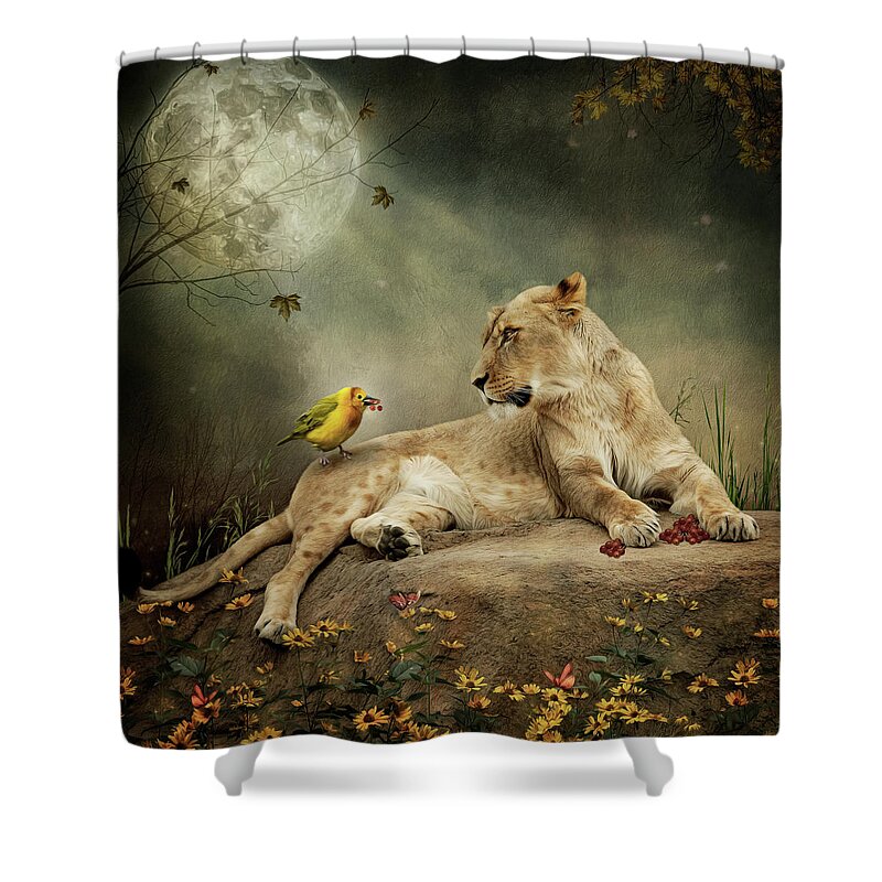 Lioness Shower Curtain featuring the digital art The Queen of the Savannah by Maggy Pease