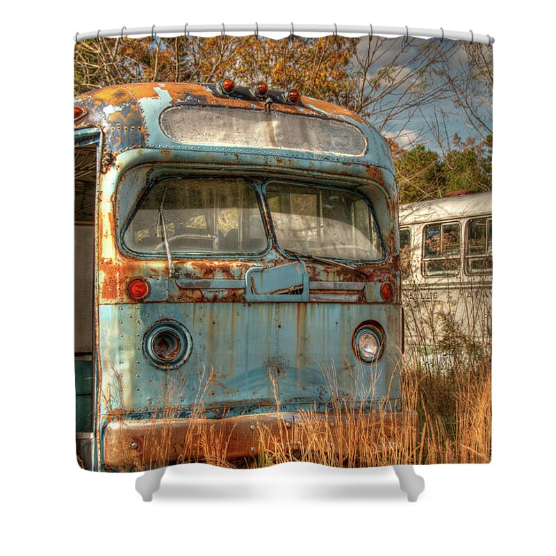 Abandon Shower Curtain featuring the photograph The Quiet Bus Graveyard by Kristia Adams