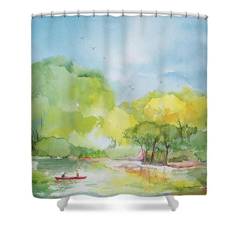 Lake Shower Curtain featuring the painting The Red Boat by Sue Kemp